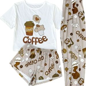 Coffee-Themed Pajama Set - White and Brown